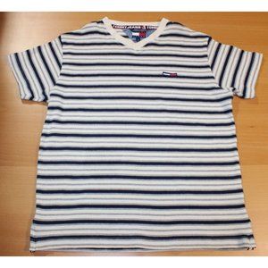Mens Vintage 90s Tommy Jeans Hilfiger Flag Patch Striped Knit Shirt Small Ivory